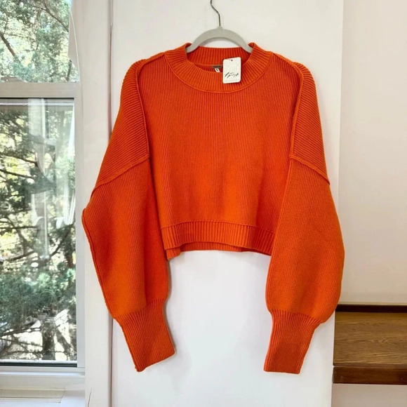 NWT Free People Easy Street Crop Sweater Orange Small Oversized Rib Knit - Picture 9 of 10